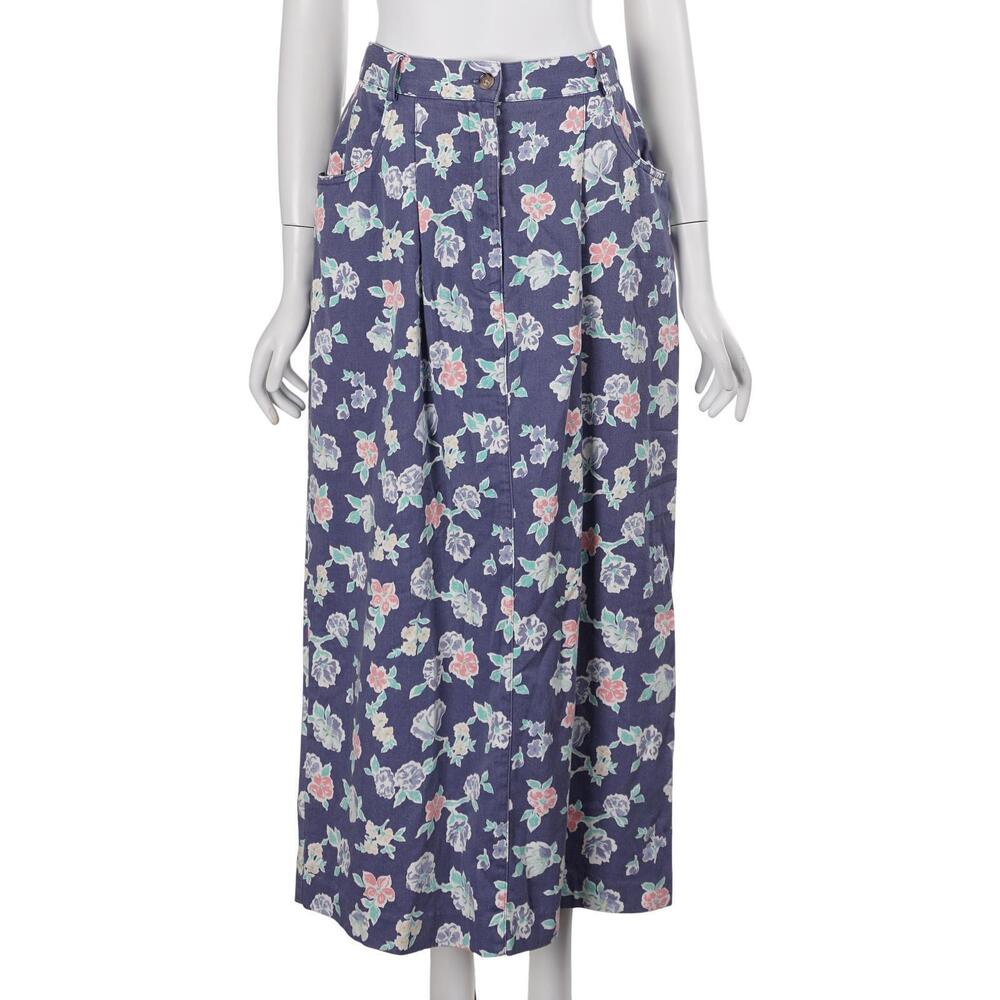 Talbots Vintage Skirt S/M Blue Floral Cotton A-Line Maxi Casual Pockets